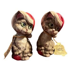 2 VTG 1980 Jasco Santa Cat Kitty Christmas Bell Critter Bells Bisque Figurine!!!